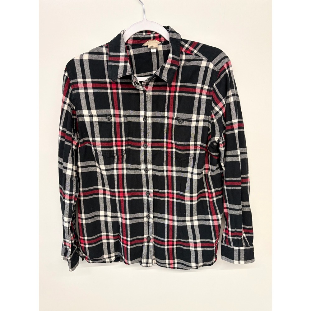 Grunge Cabin  Duluth Trading  Button Down Plaid Flannel Shirt Women L Black Red